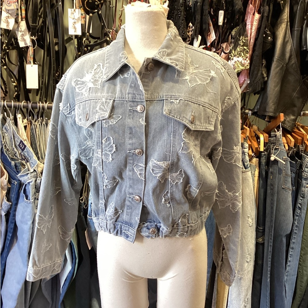 Sheila Distressed Butterfly Elastic Waist Crop Denim jacket